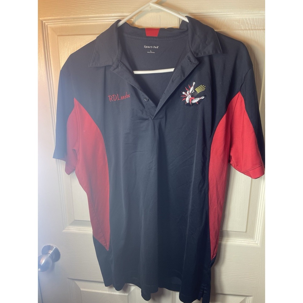 Sport‑Tek Golf Bowling Polo Shirt Men's L Black Red Color block Short Sleeve